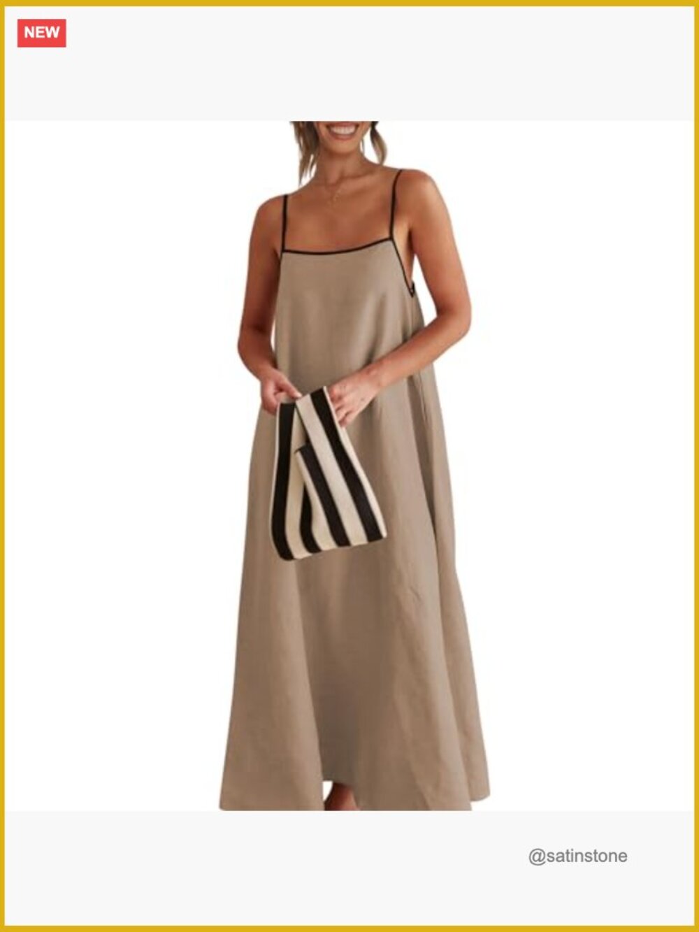 Linen Maxi Dress with Contrast Trim, Spaghetti Straps, Backless, Side Pockets - Picture 5 of 7